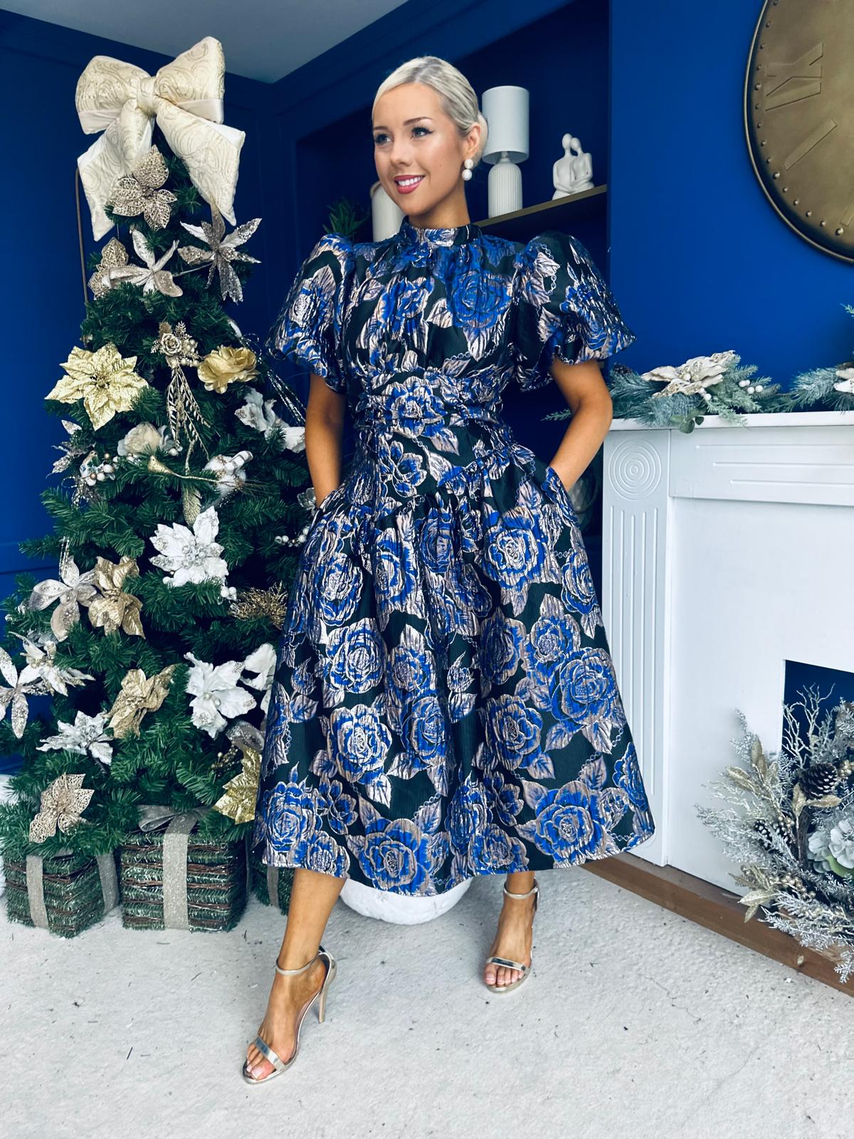 Sadhbh Puff Sleeve Jacquard Occasion Dress Cobalt