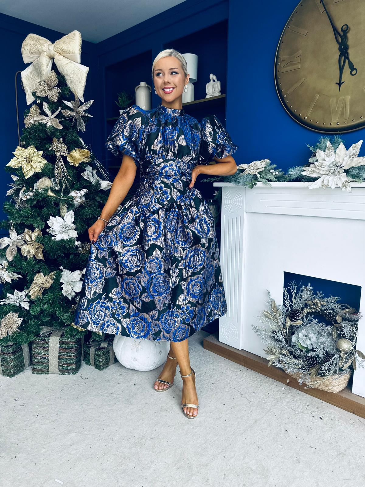 Sadhbh Puff Sleeve Jacquard Occasion Dress Cobalt