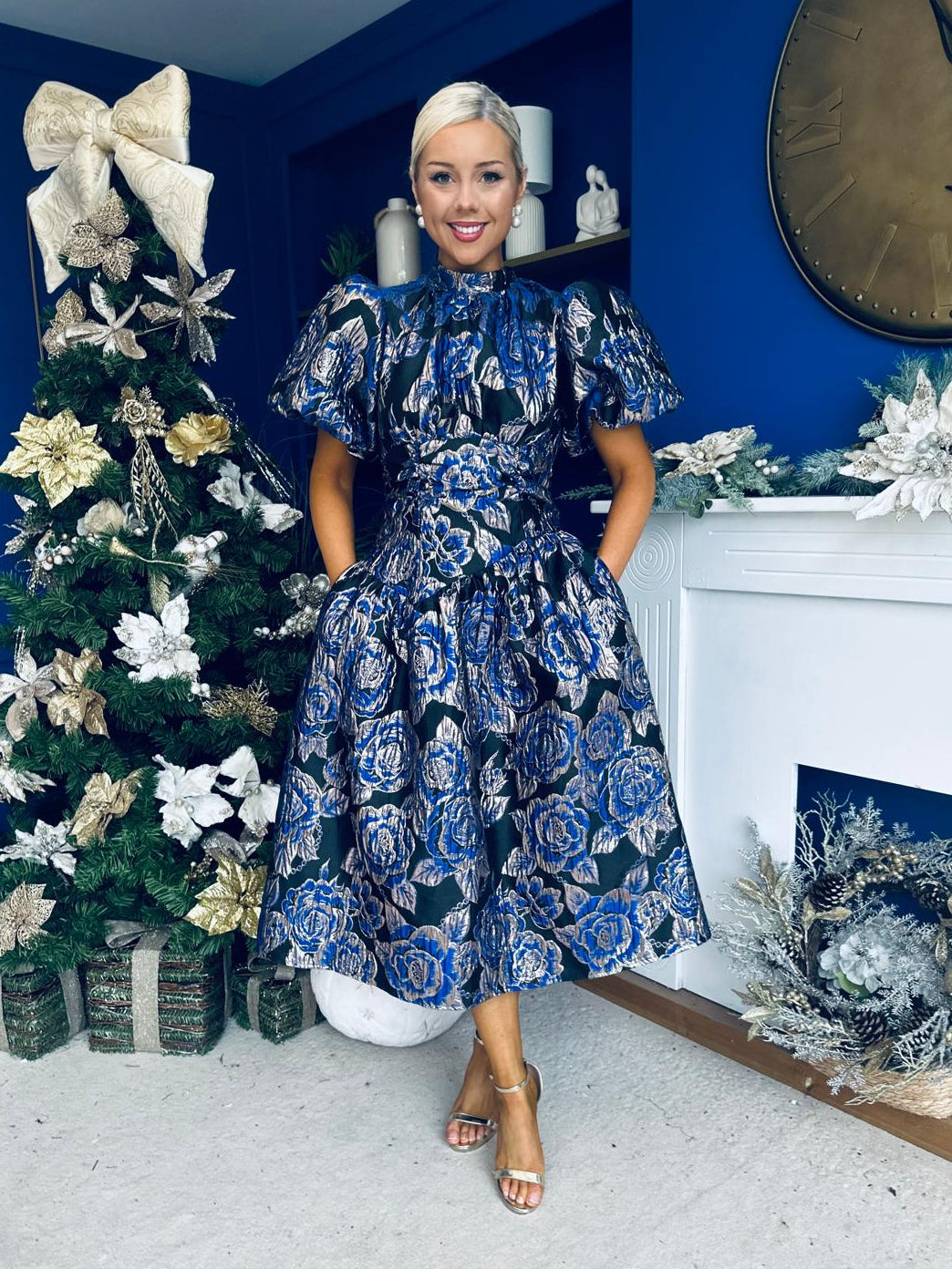 Sadhbh Puff Sleeve Jacquard Occasion Dress Cobalt