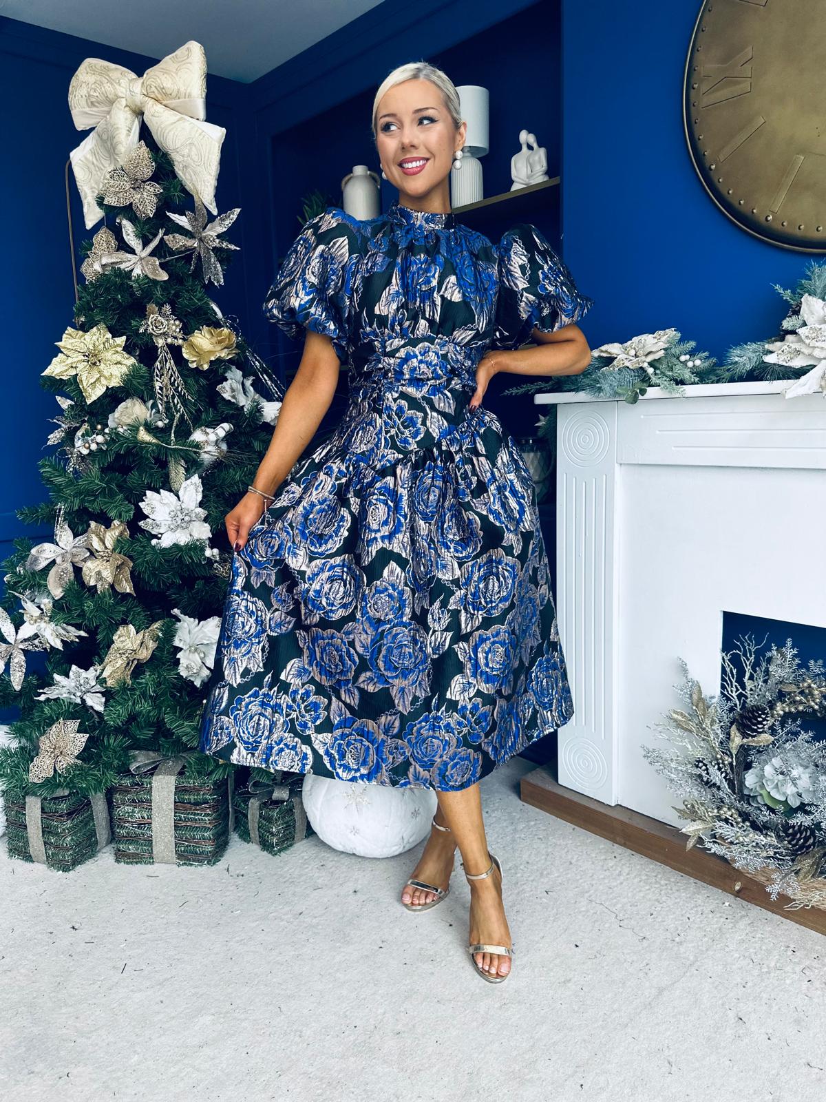 Sadhbh Puff Sleeve Jacquard Occasion Dress Cobalt