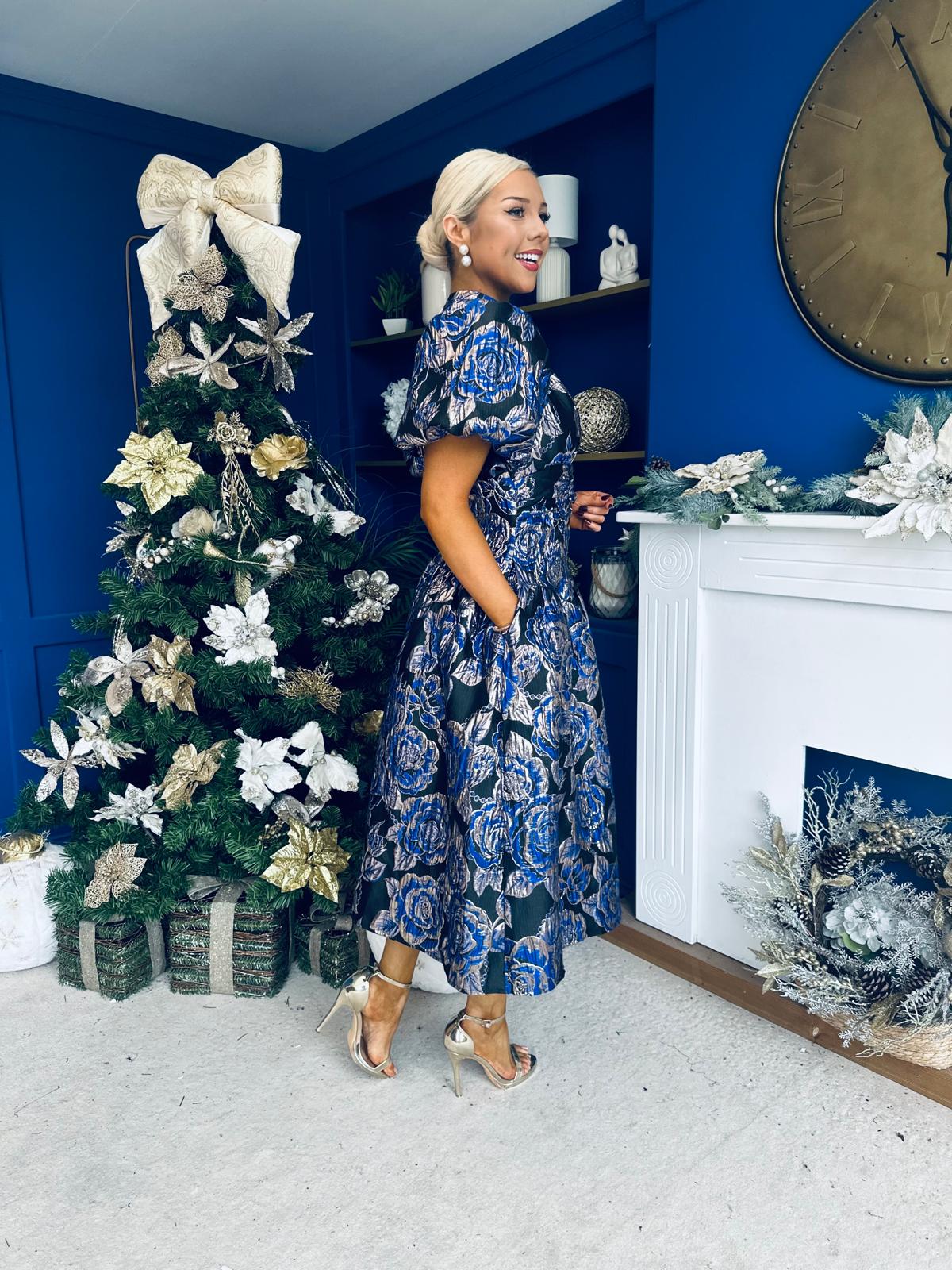 Sadhbh Puff Sleeve Jacquard Occasion Dress Cobalt