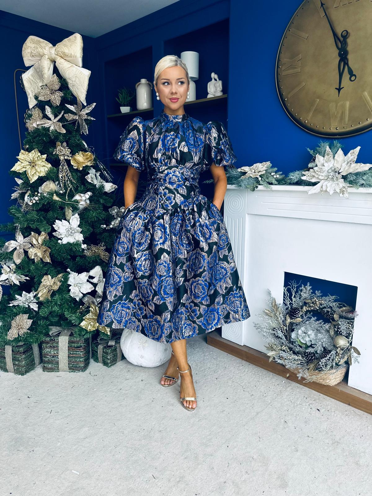Sadhbh Puff Sleeve Jacquard Occasion Dress Cobalt
