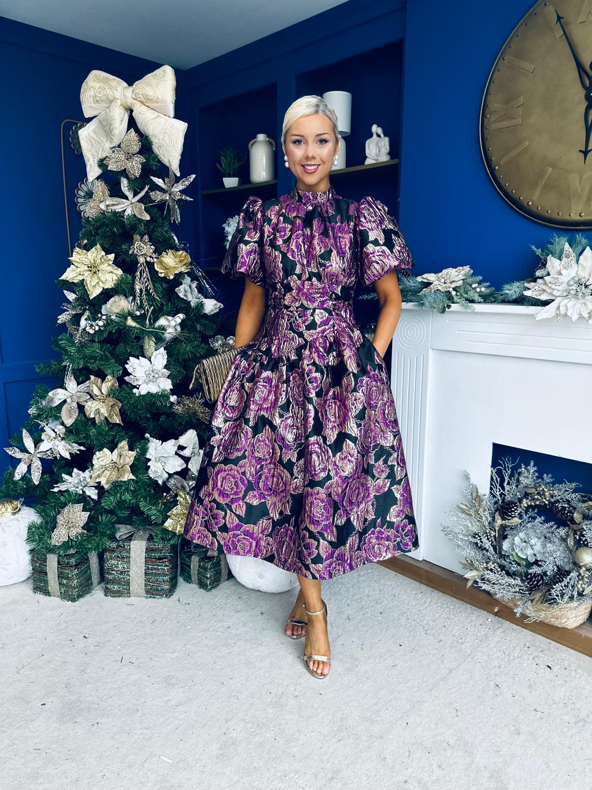 Sadhbh Puff Sleeve Jacquard Occasion Dress Violet
