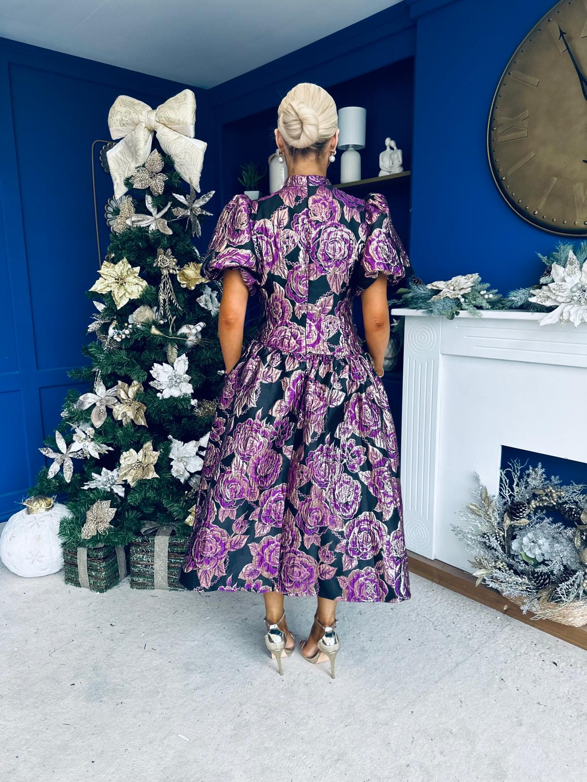 Sadhbh Puff Sleeve Jacquard Occasion Dress Violet