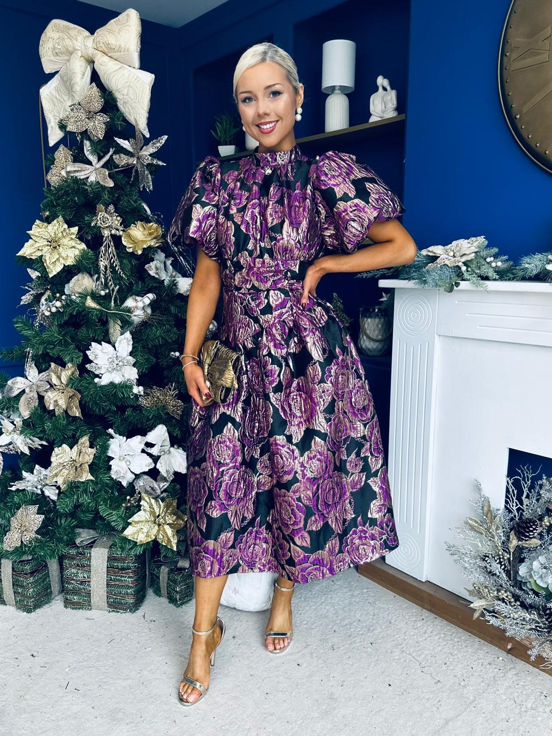 Sadhbh Puff Sleeve Jacquard Occasion Dress Violet