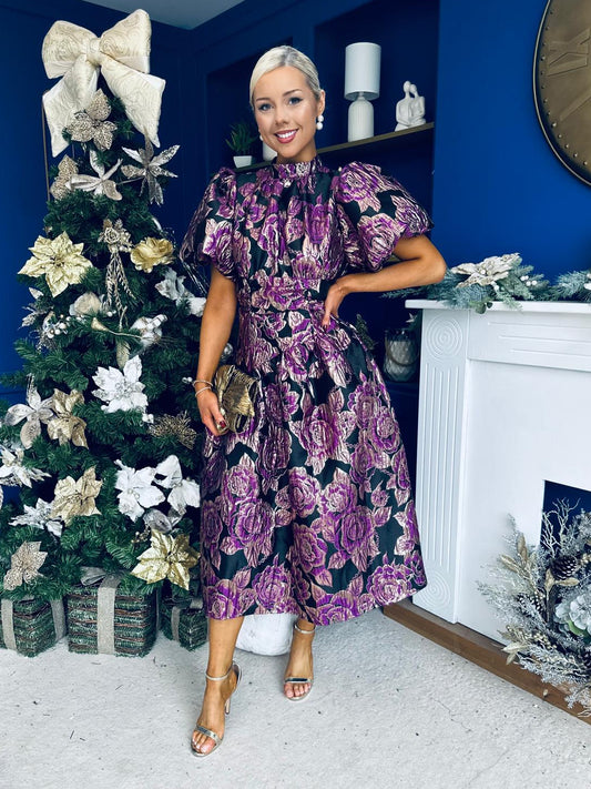 Sadhbh Puff Sleeve Jacquard Occasion Dress Violet