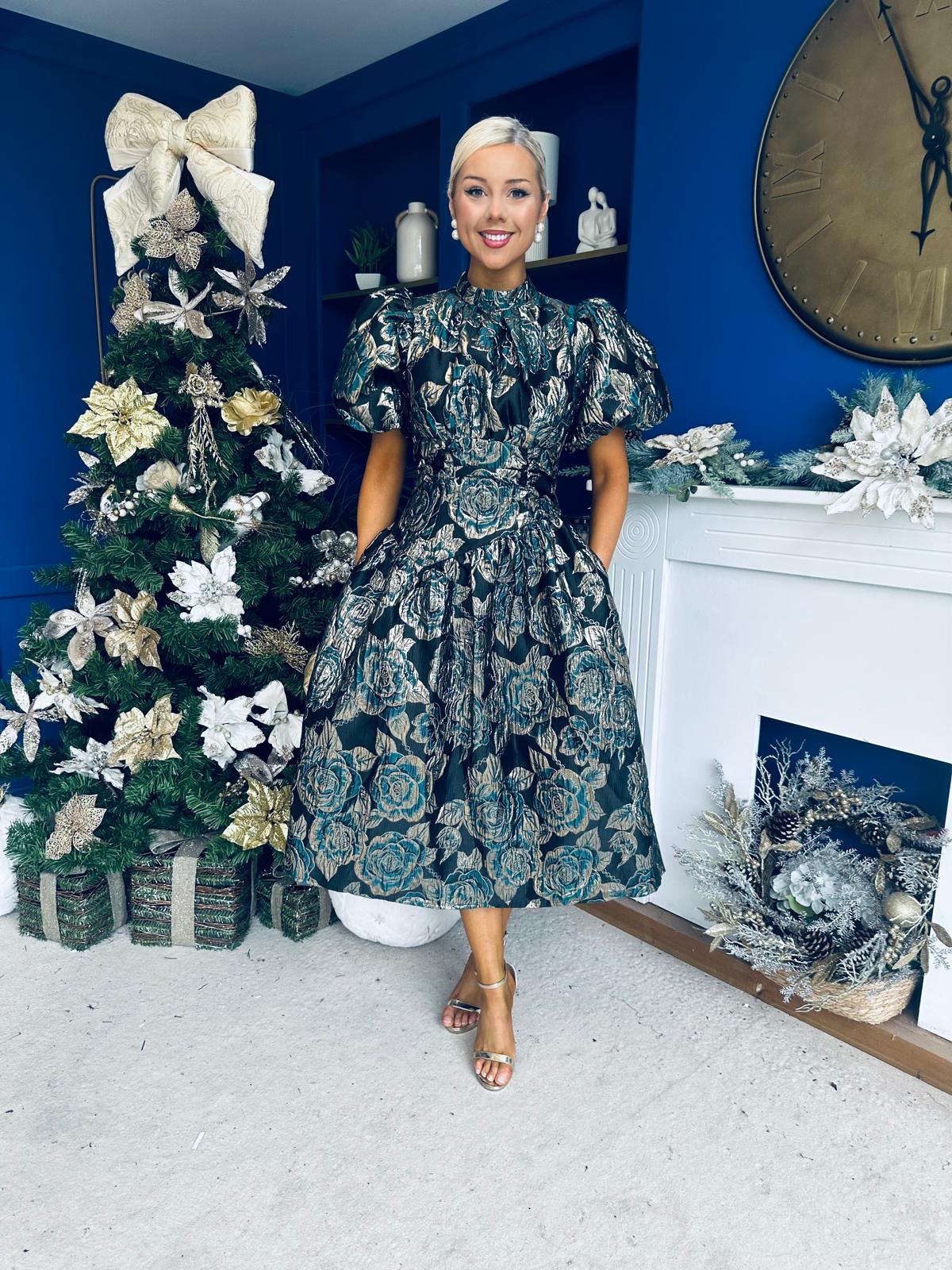 Sadhbh Puff Sleeve Jacquard Occasion Dress Green
