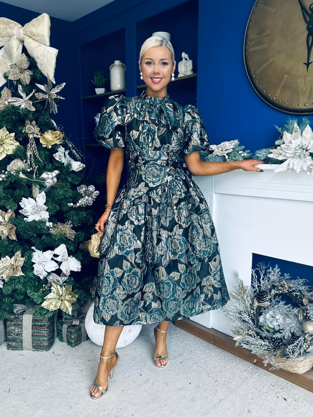 Sadhbh Puff Sleeve Jacquard Occasion Dress Green