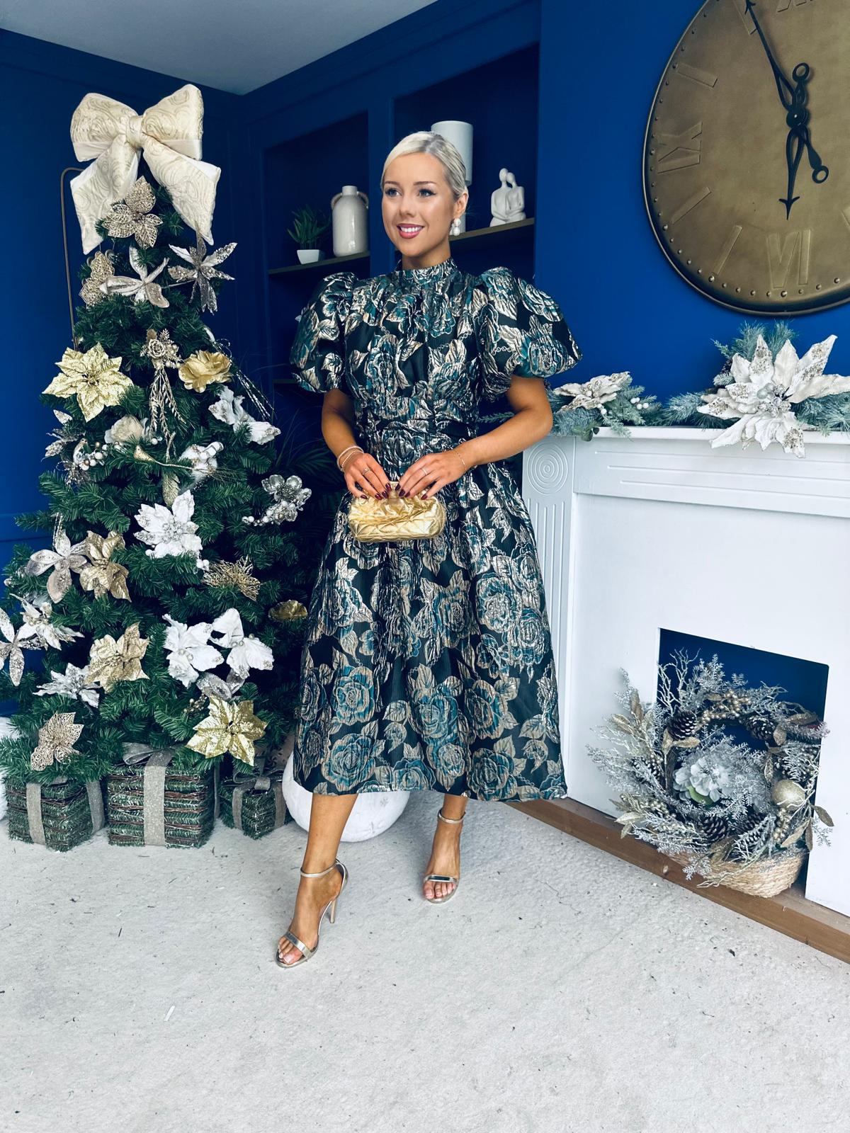 Sadhbh Puff Sleeve Jacquard Occasion Dress Green