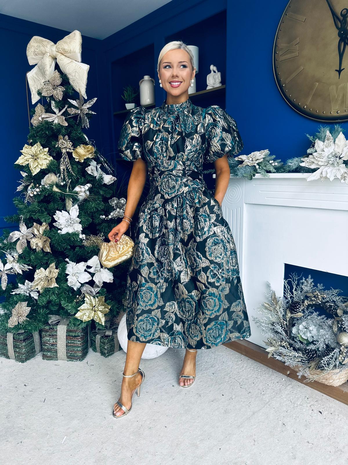 Sadhbh Puff Sleeve Jacquard Occasion Dress Green