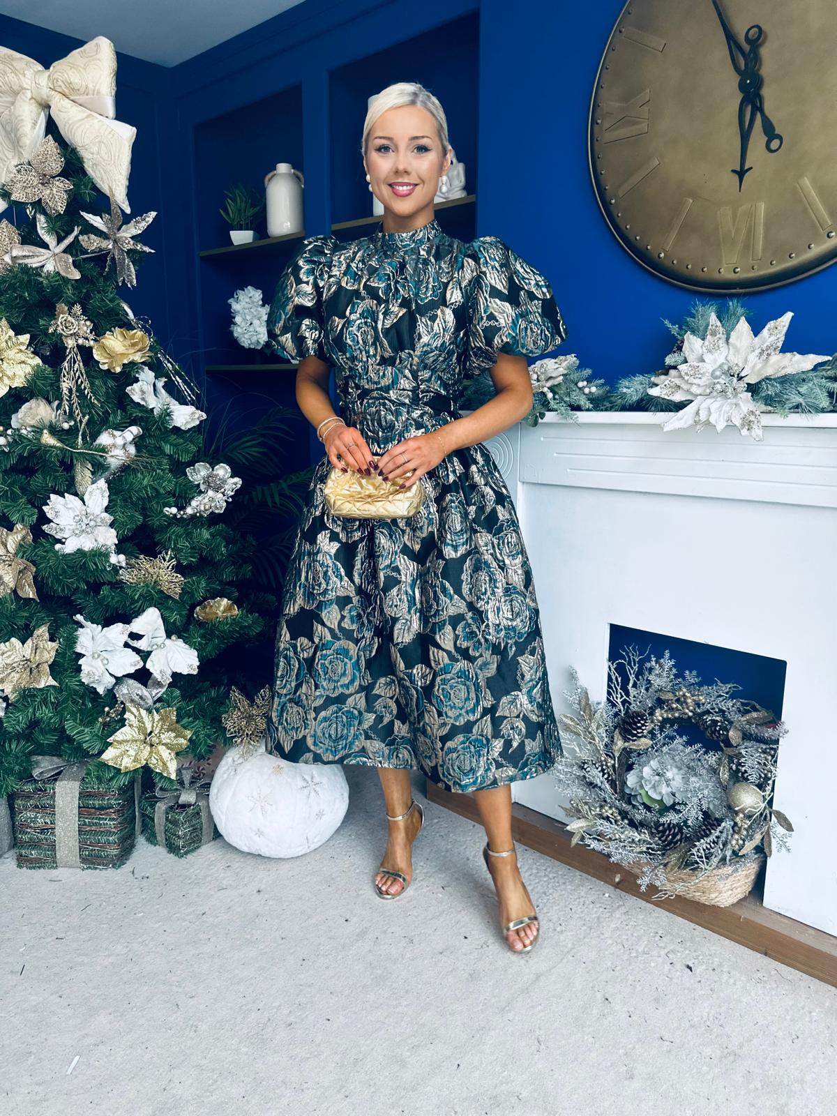 Sadhbh Puff Sleeve Jacquard Occasion Dress Green