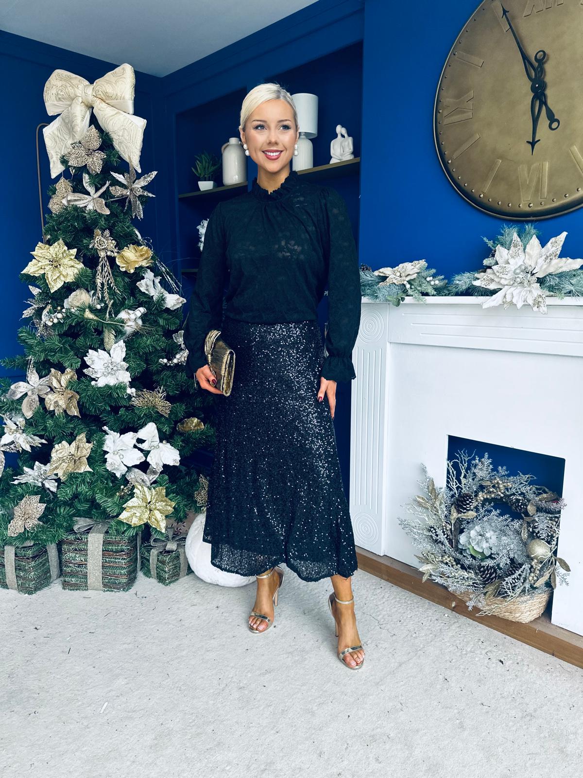 Karena Sequin Midi Skirt Black