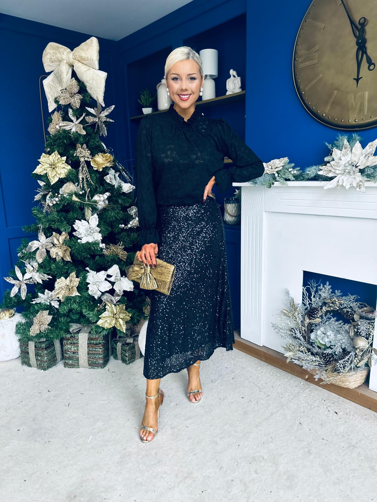 Karena Sequin Midi Skirt Black