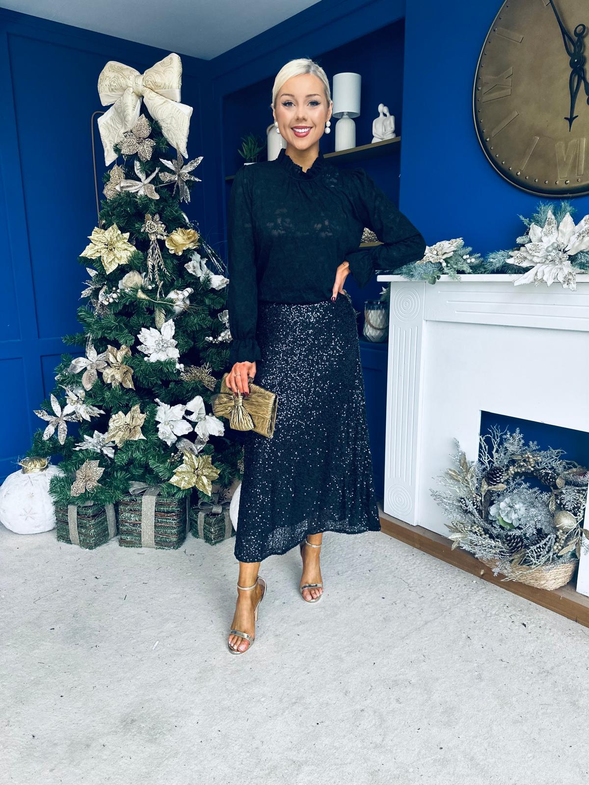 Karena Sequin Midi Skirt Black