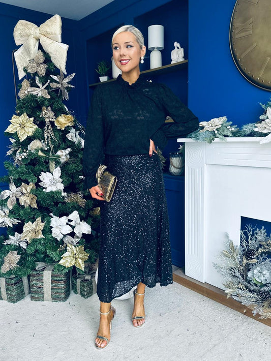 Karena Sequin Midi Skirt Black