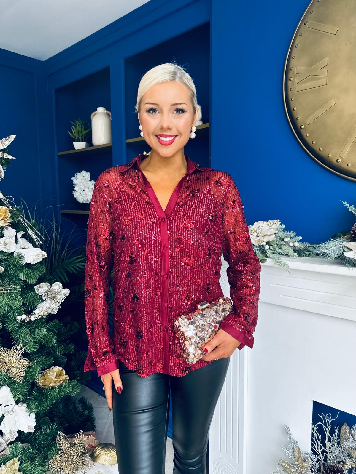 Beth Full Sequin Shirt Burgundy