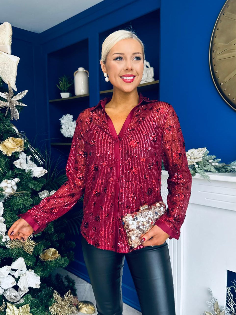 Beth Full Sequin Shirt Burgundy