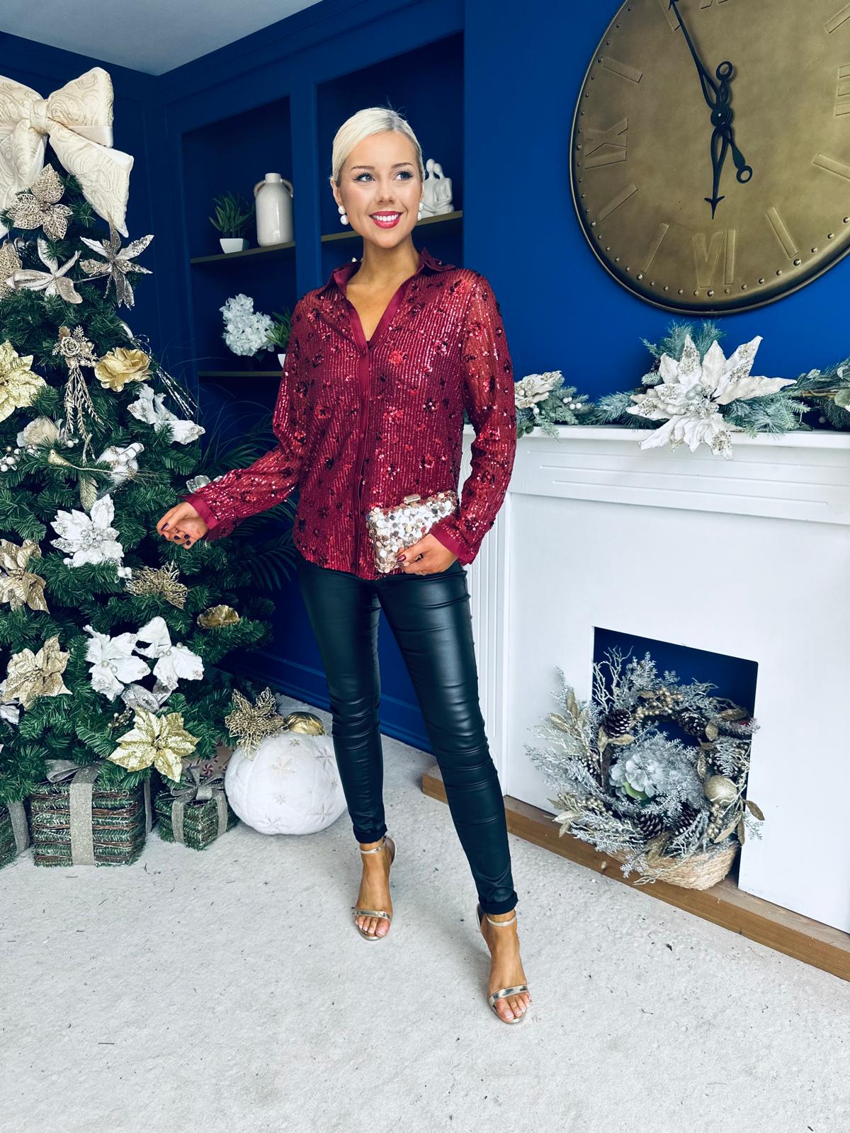 Beth Full Sequin Shirt Burgundy