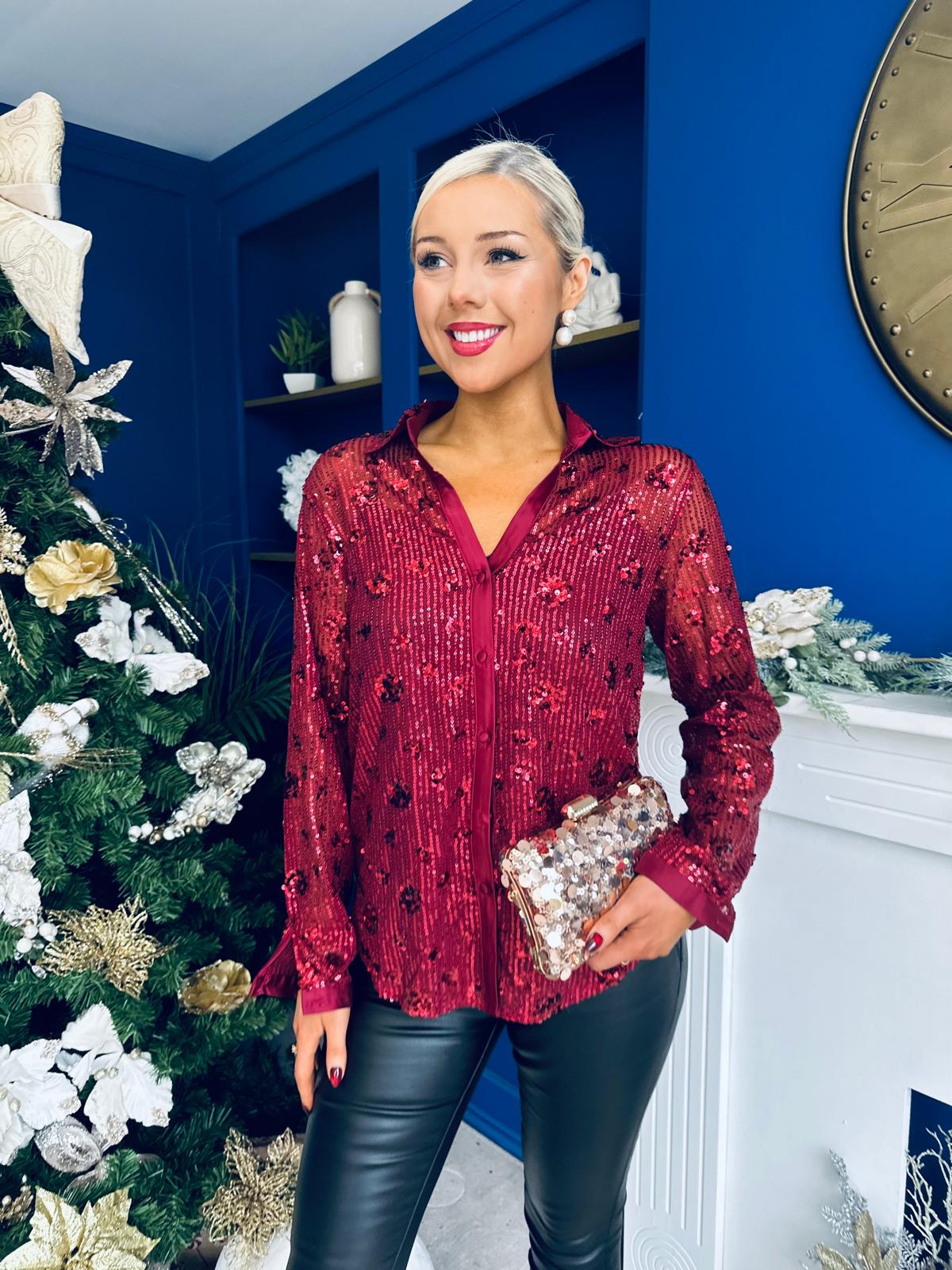 Beth Full Sequin Shirt Burgundy
