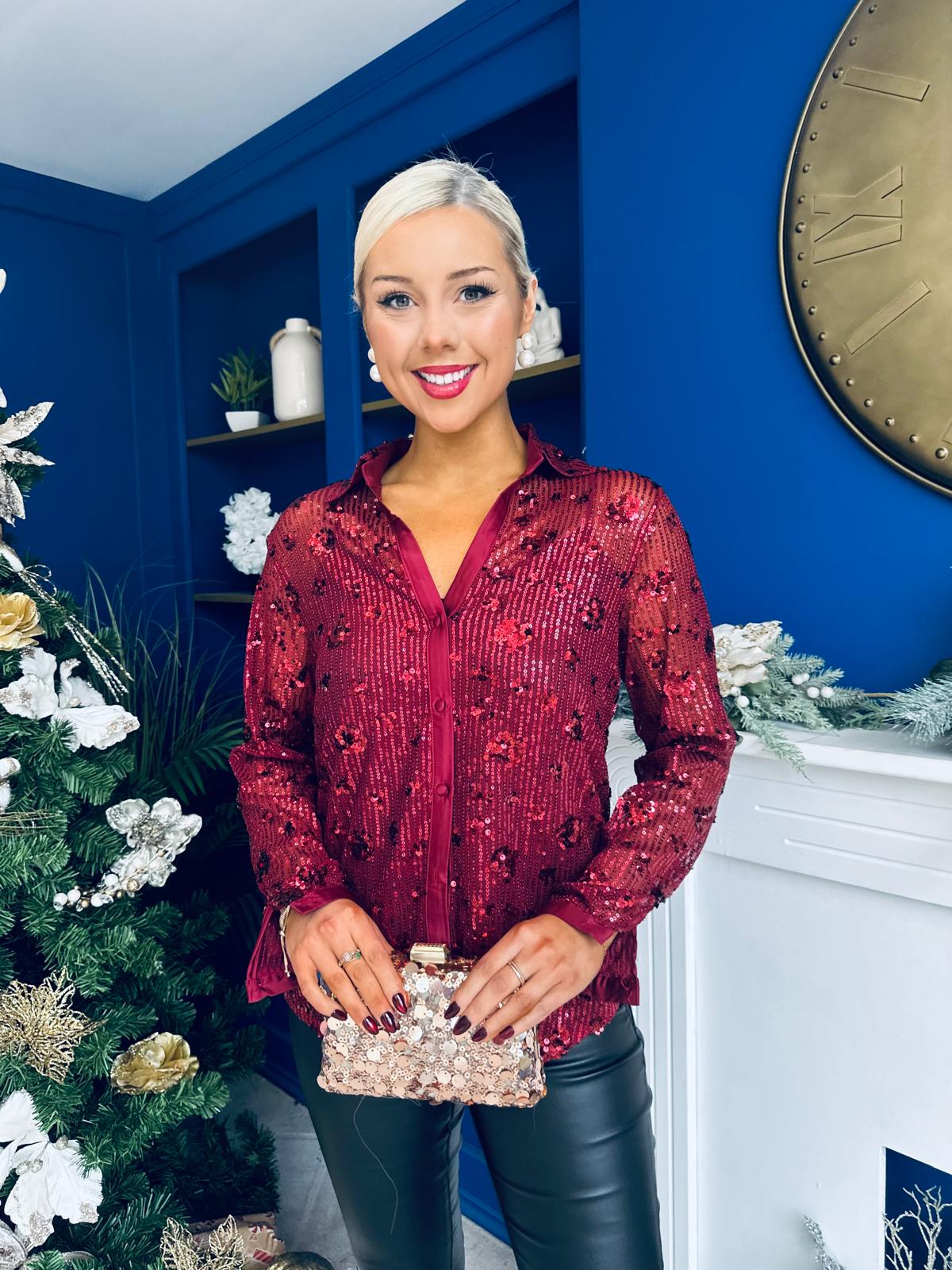 Beth Full Sequin Shirt Burgundy