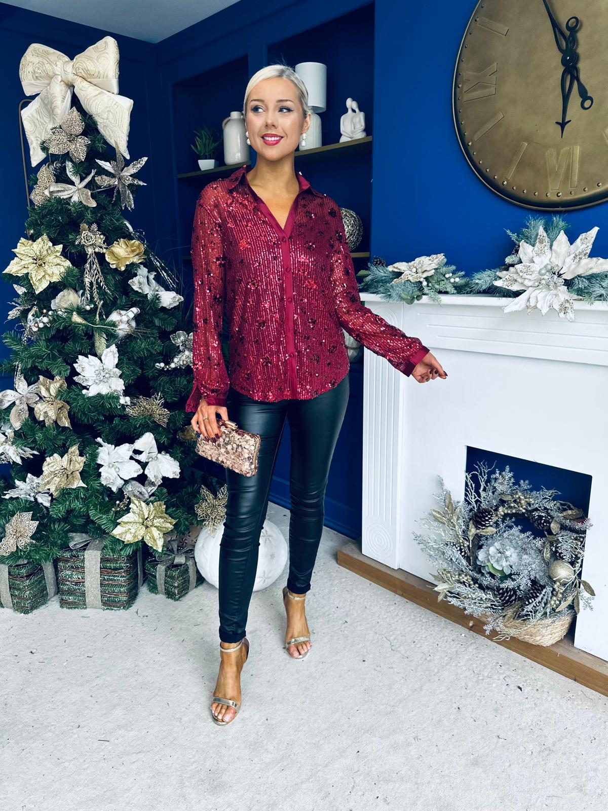 Beth Full Sequin Shirt Burgundy