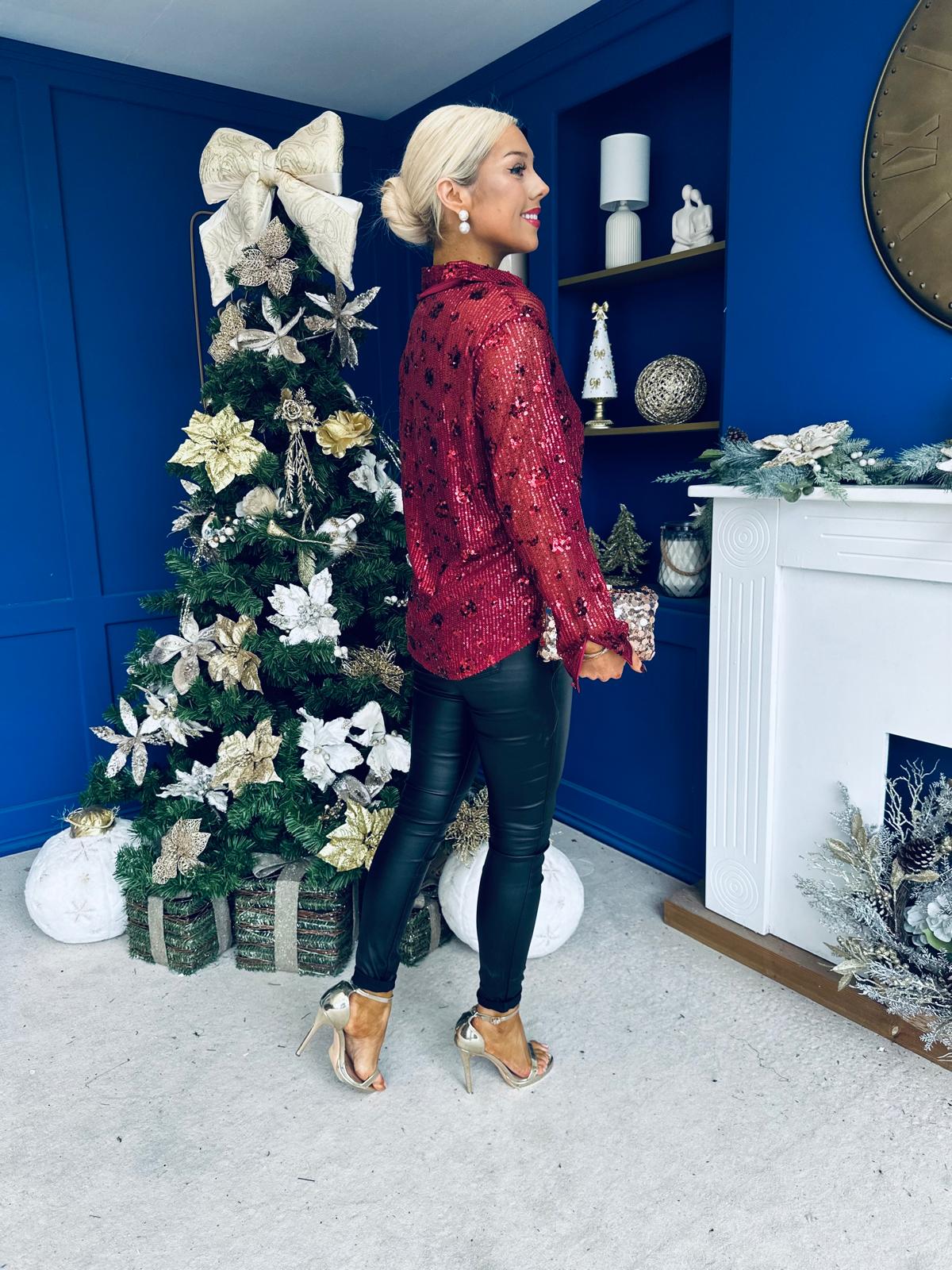 Beth Full Sequin Shirt Burgundy