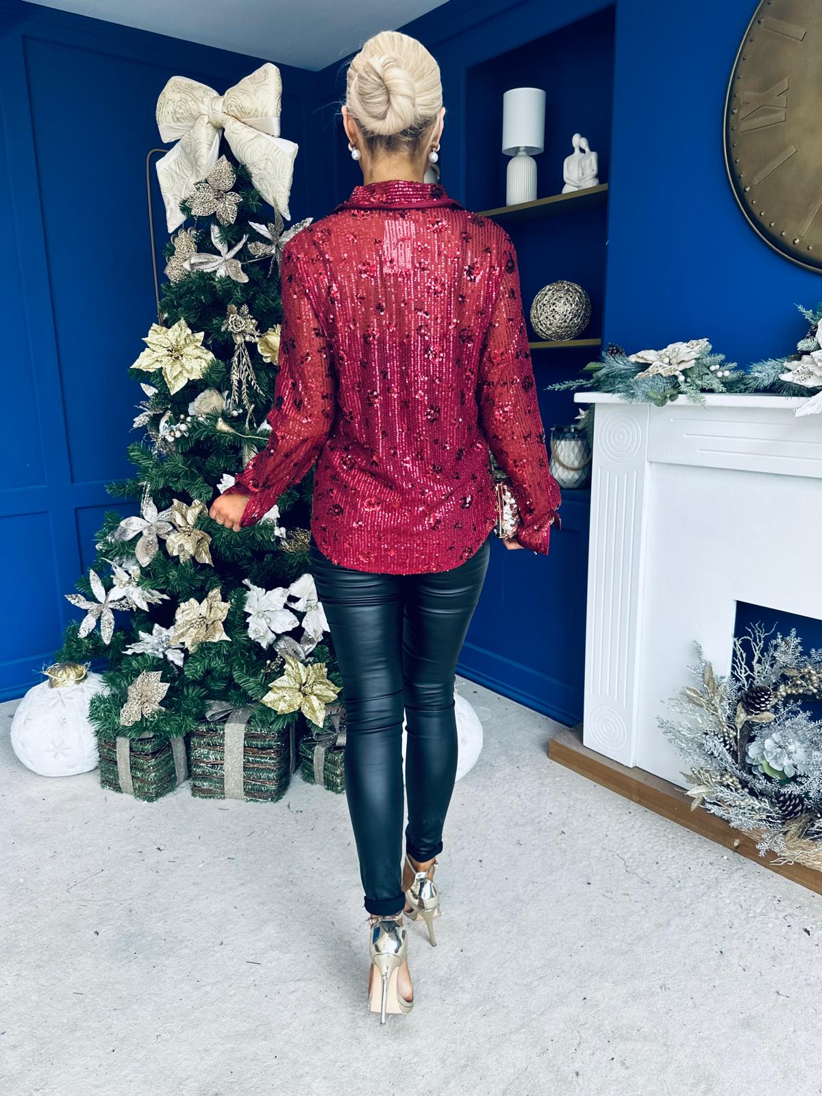 Beth Full Sequin Shirt Burgundy