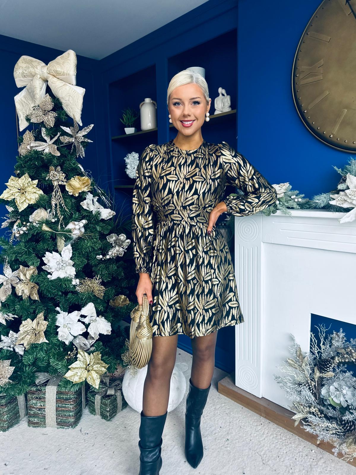 Carol Gold Leaf Detail Mini Dress Black