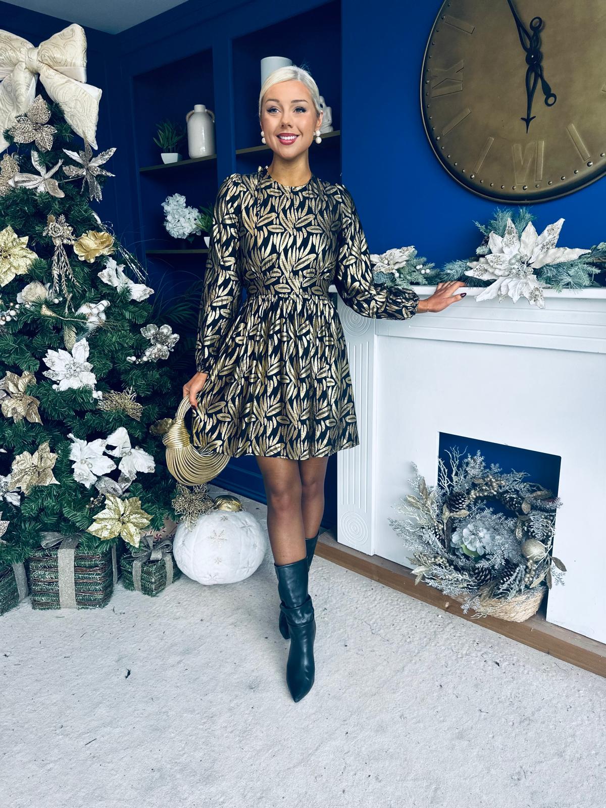 Carol Gold Leaf Detail Mini Dress Black