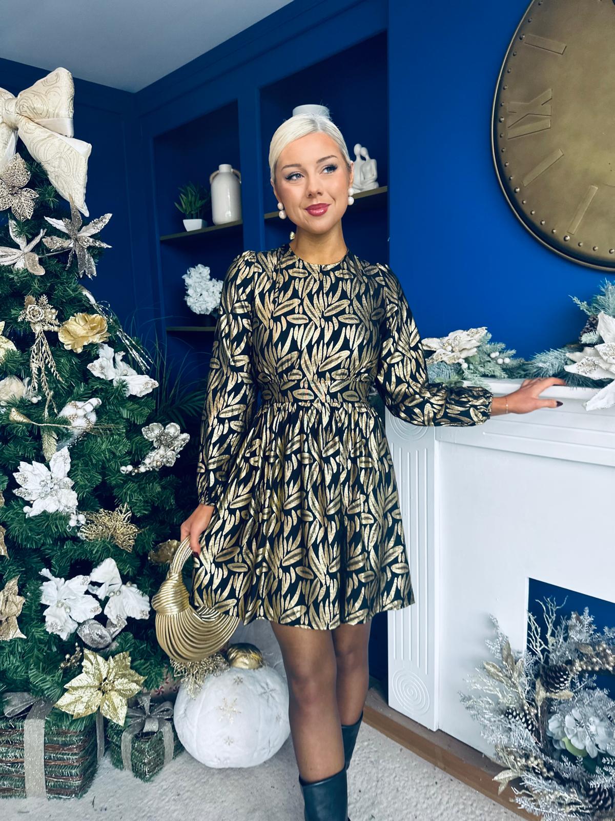 Carol Gold Leaf Detail Mini Dress Black