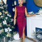 Elena Plisse Ruched Long Sleeve Midi Dress Wine