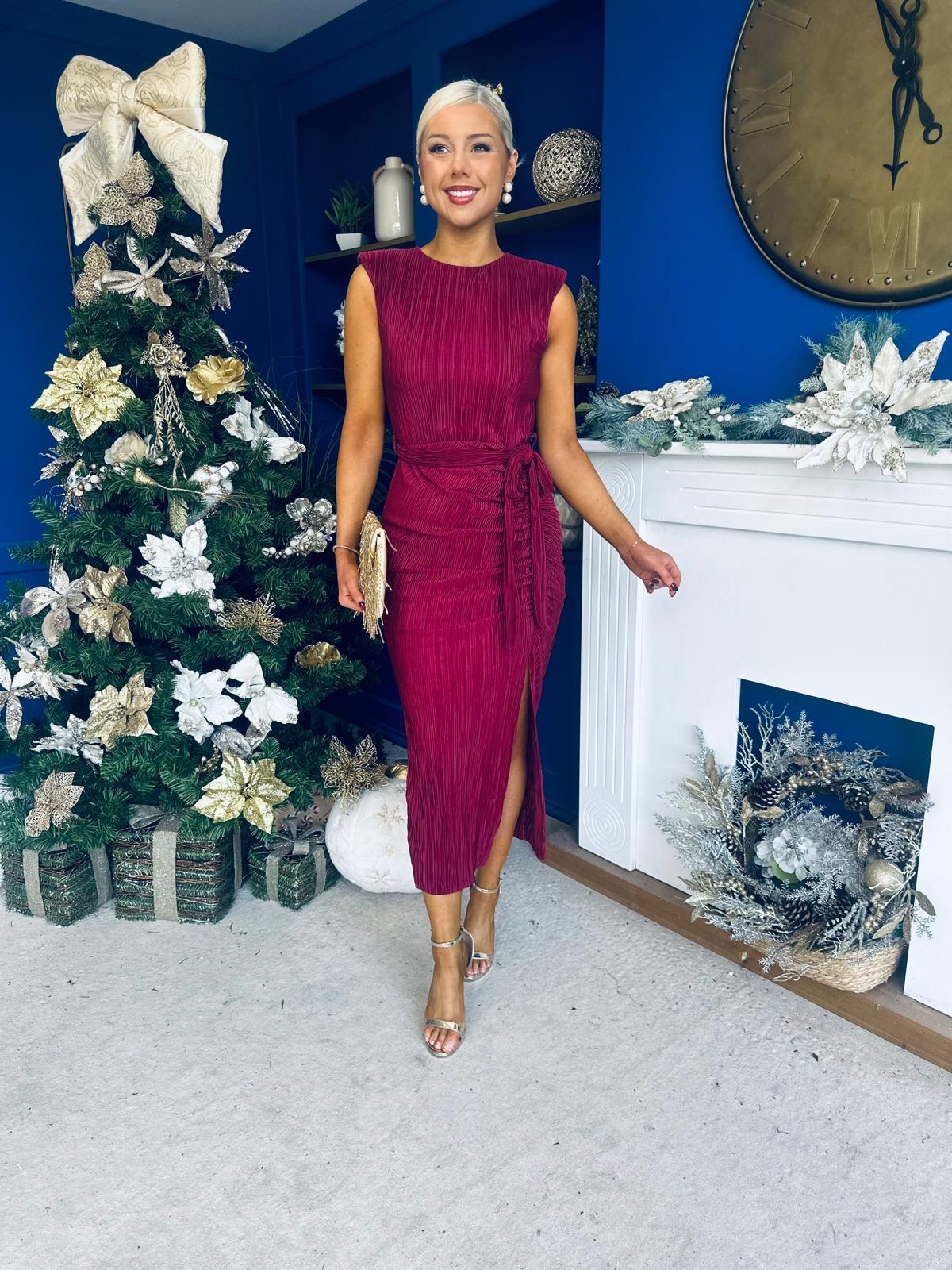 Elena Plisse Ruched Long Sleeve Midi Dress Wine