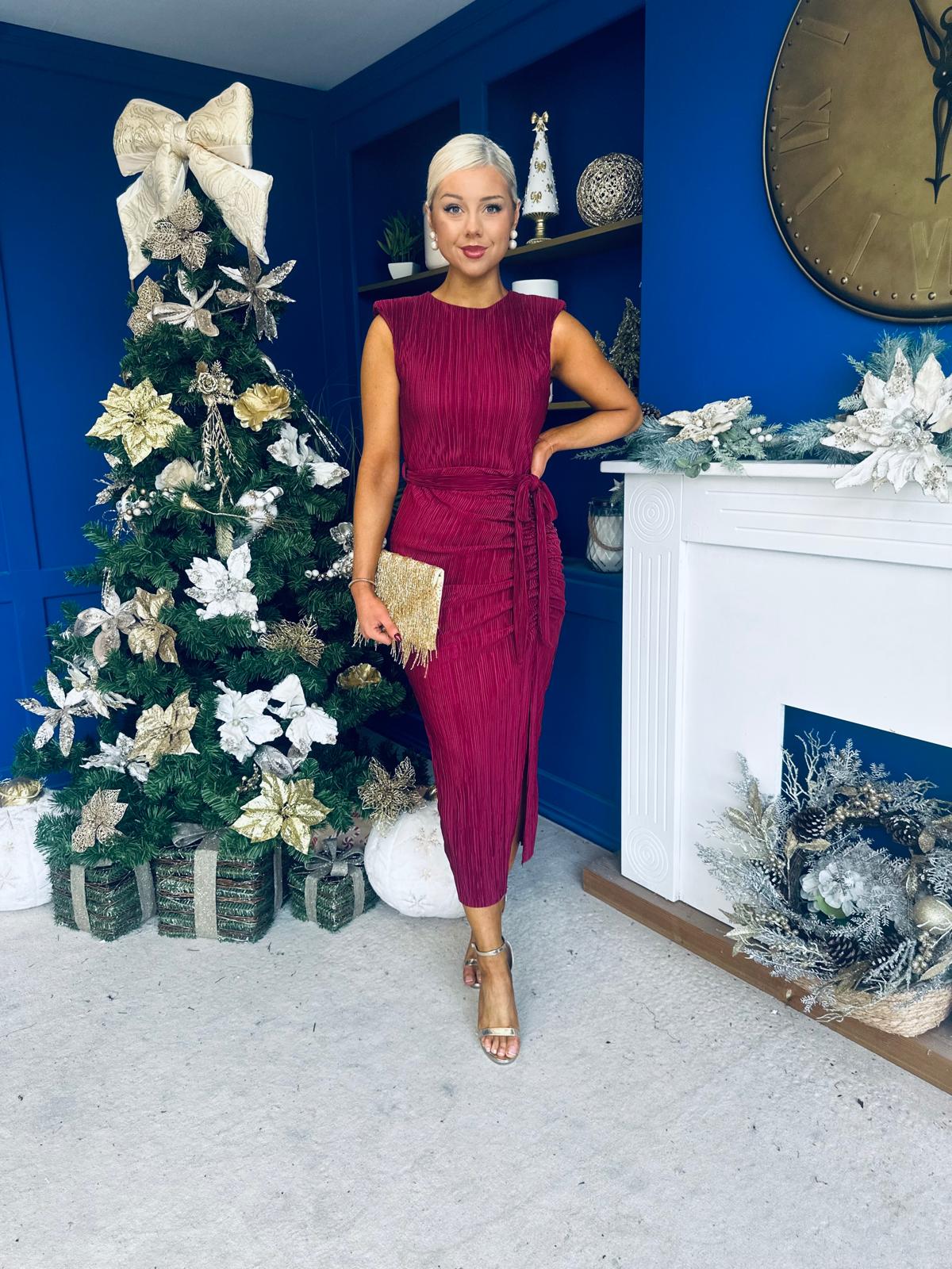 Elena Plisse Ruched Long Sleeve Midi Dress Wine