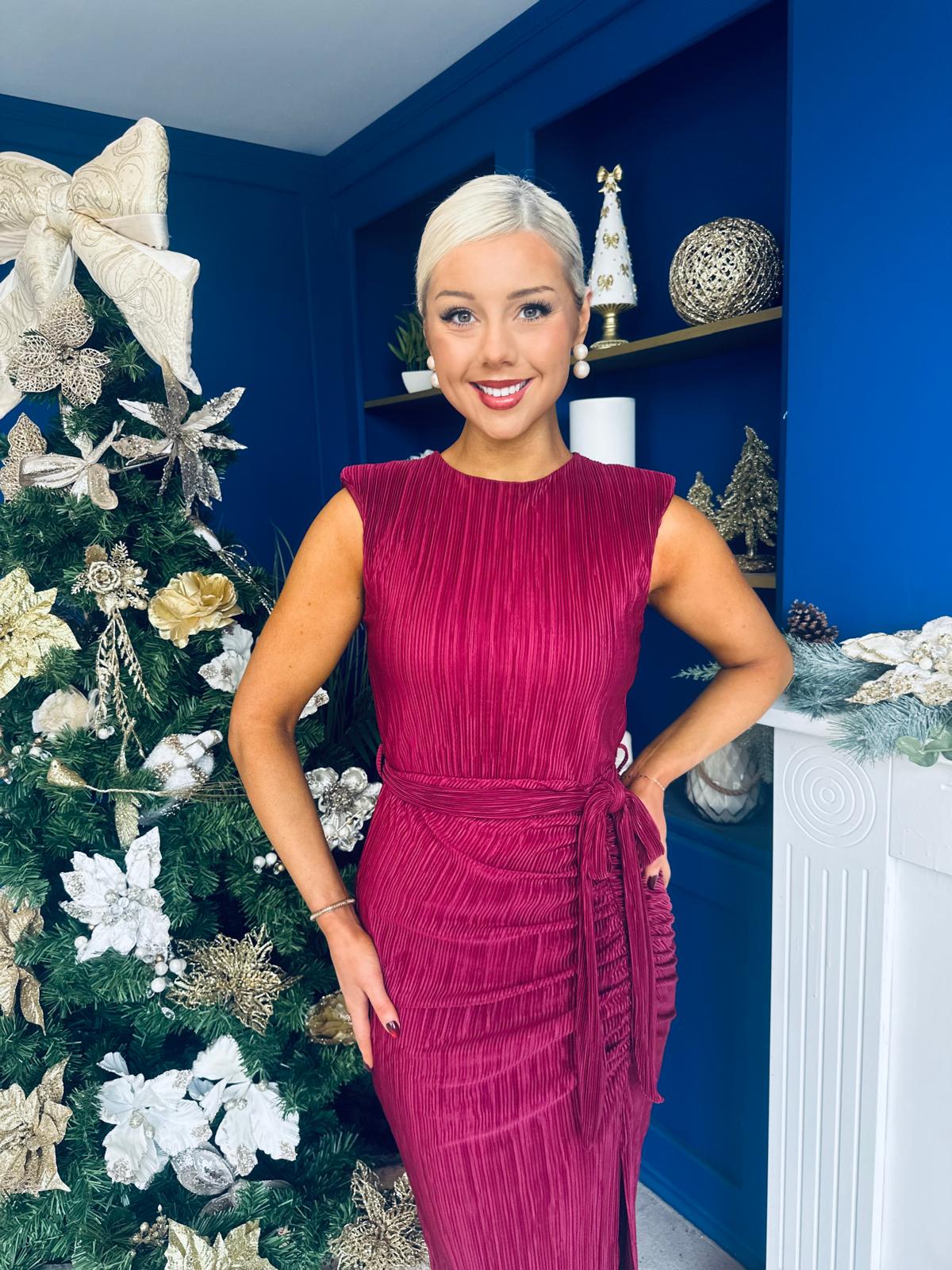 Elena Plisse Ruched Long Sleeve Midi Dress Wine