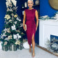 Elena Plisse Ruched Long Sleeve Midi Dress Wine