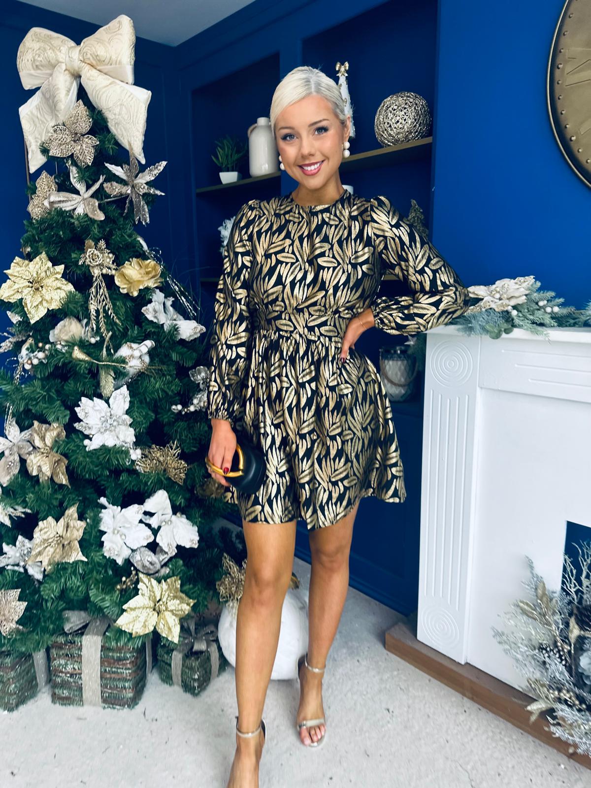 Carol Gold Leaf Detail Mini Dress Black