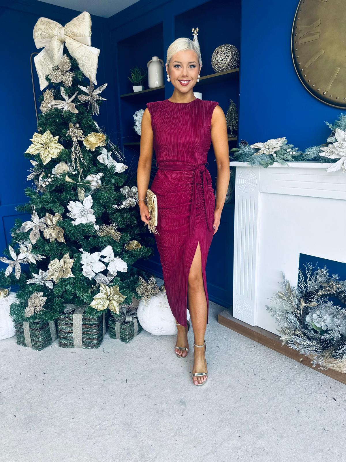 Elena Plisse Ruched Long Sleeve Midi Dress Wine