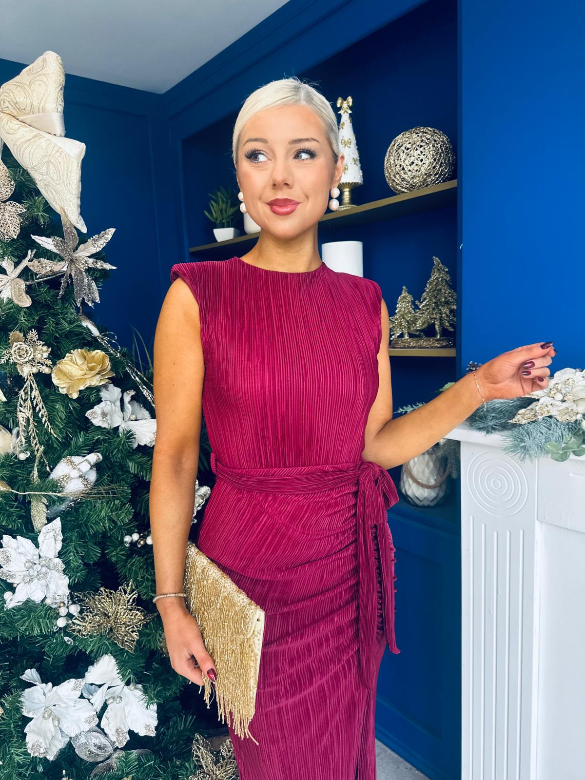Elena Plisse Ruched Long Sleeve Midi Dress Wine