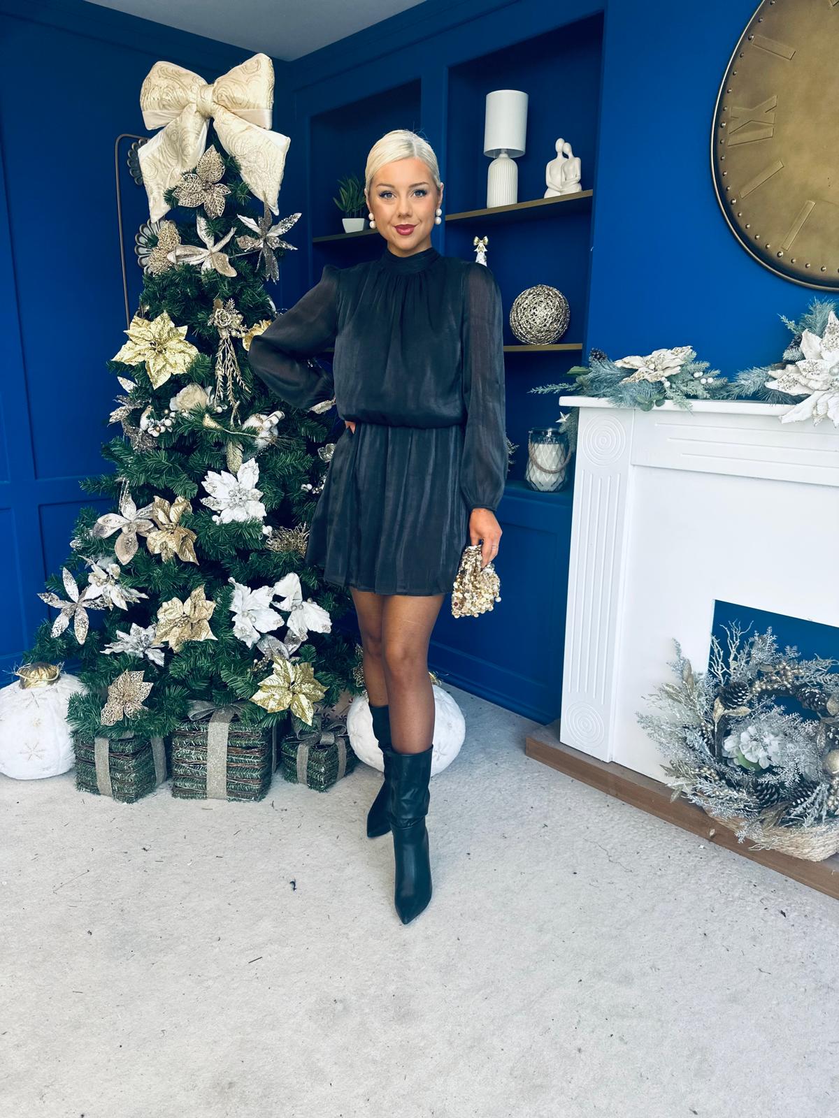 Larissa High Neck Long Sleeve Mini Dress Black