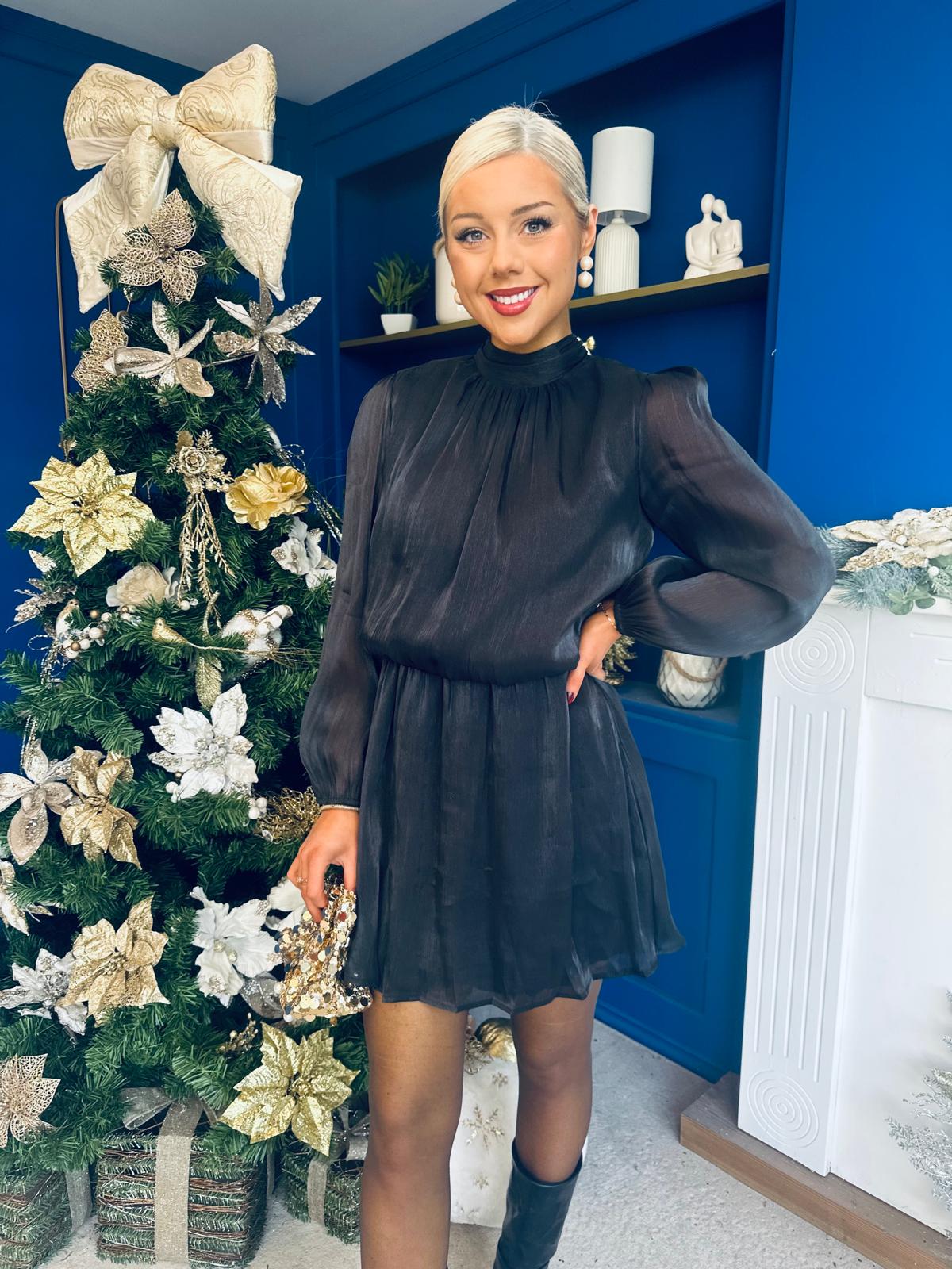 Larissa High Neck Long Sleeve Mini Dress Black
