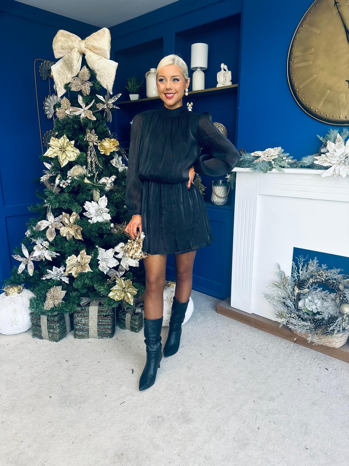Larissa High Neck Long Sleeve Mini Dress Black