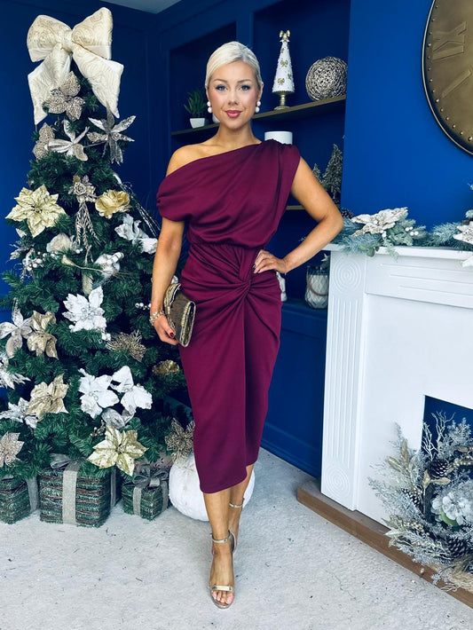 Riadh Gathered Detail Occasion Dress Burgundy
