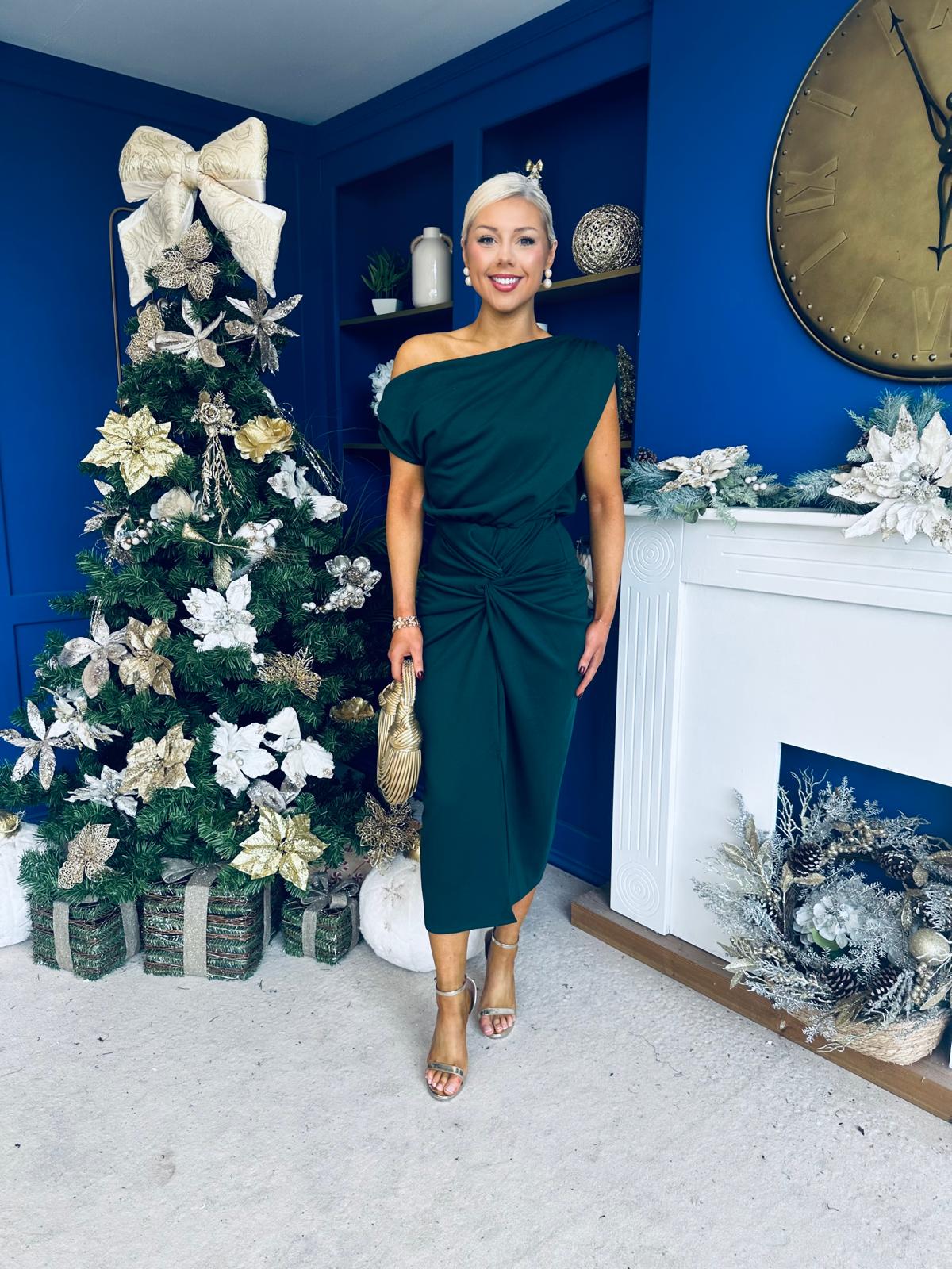 Riadh Gathered Detail Occasion Dress Forest