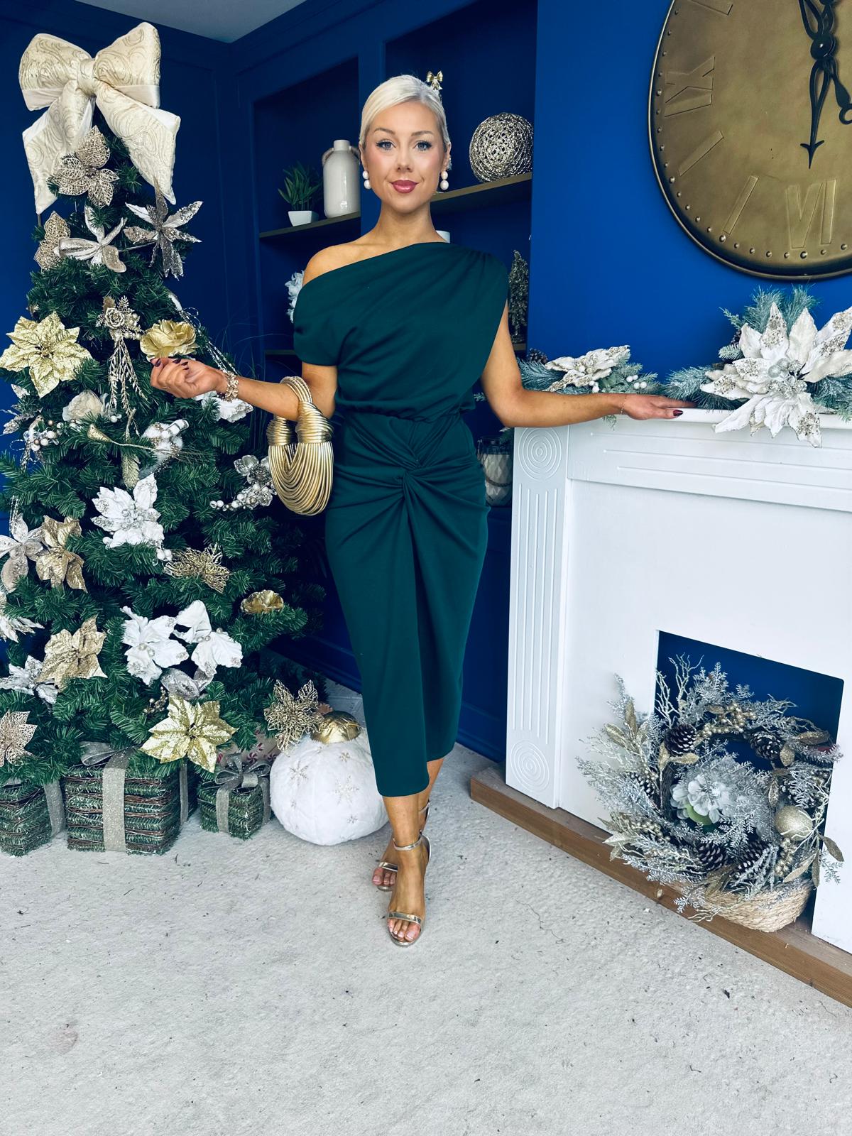 Riadh Gathered Detail Occasion Dress Forest