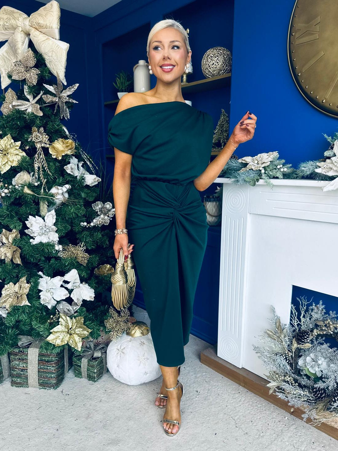 Riadh Gathered Detail Occasion Dress Forest