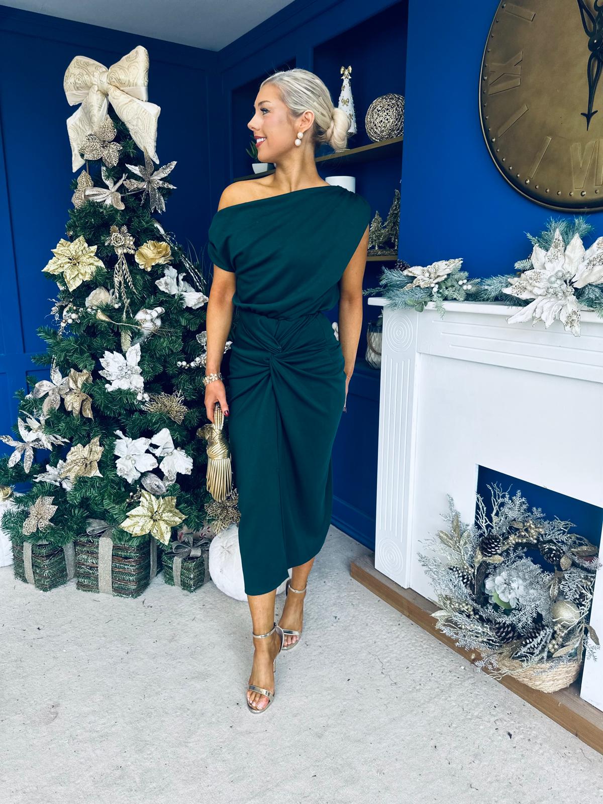 Riadh Gathered Detail Occasion Dress Forest