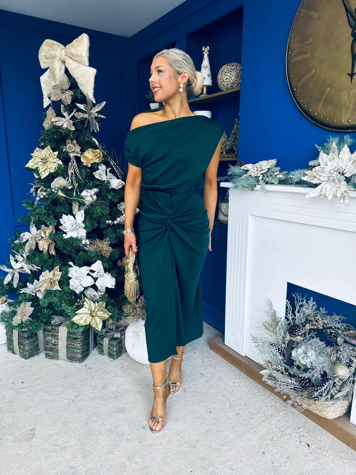 Riadh Gathered Detail Occasion Dress Forest