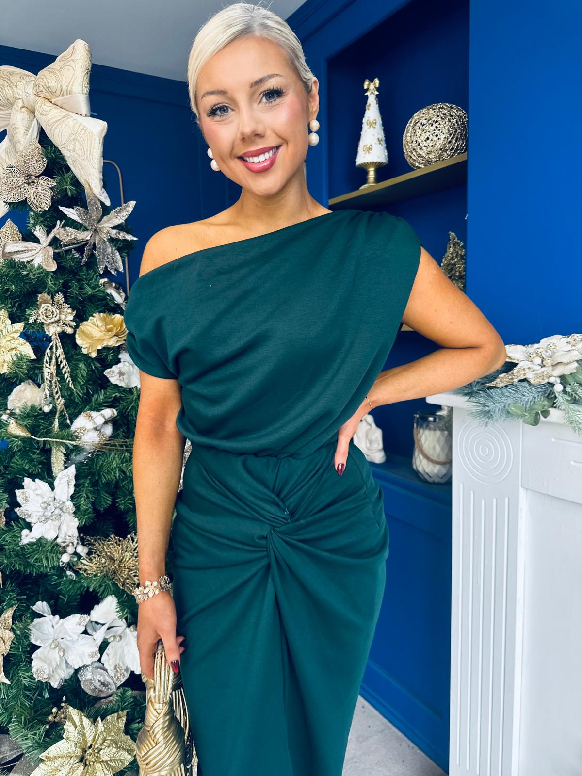 Riadh Gathered Detail Occasion Dress Forest