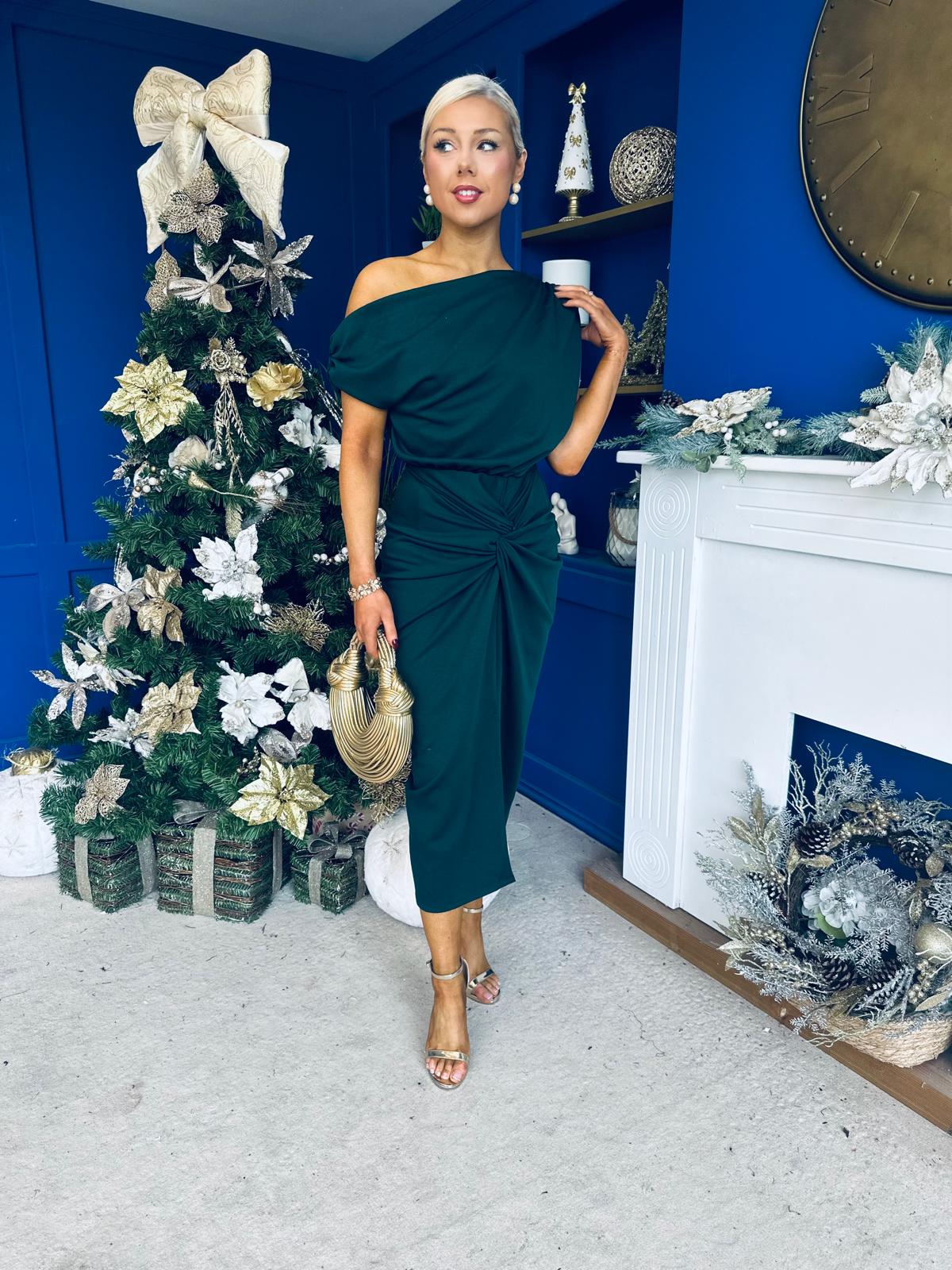 Riadh Gathered Detail Occasion Dress Forest