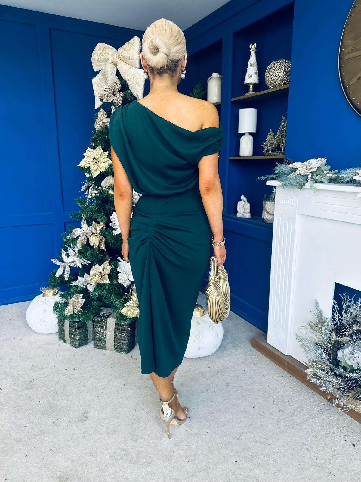 Riadh Gathered Detail Occasion Dress Forest